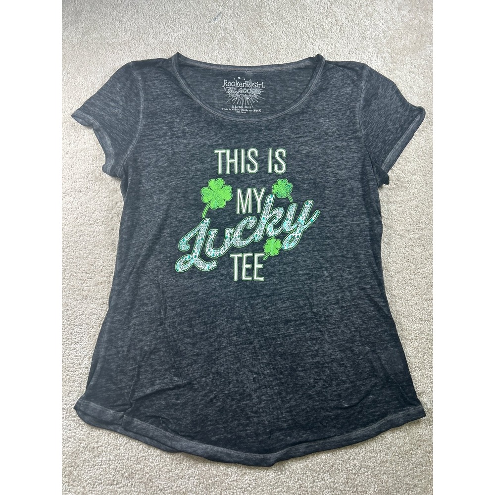 Rocker Girl Women's XL Black Lucky Tee Shirt Shamrock Cotton